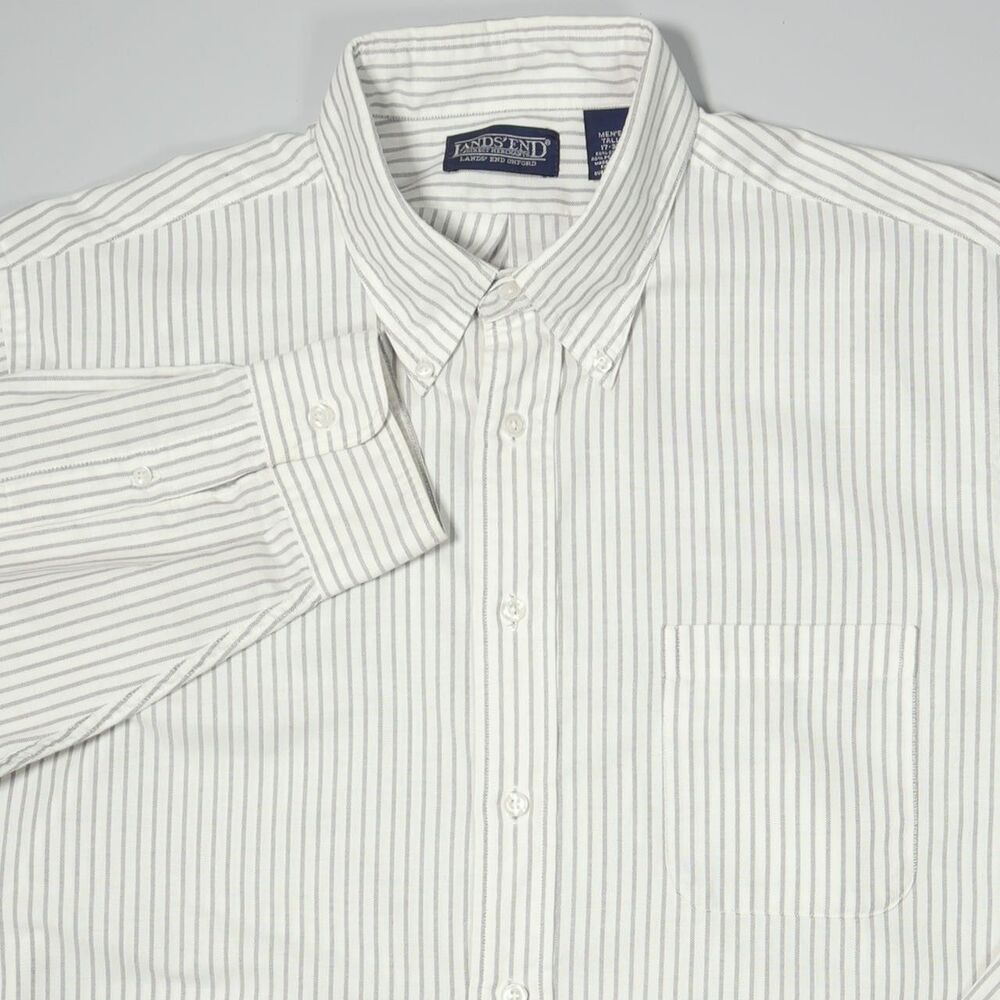 Vintage Lands End Gray Stripe Oxford Shirt Made in USA Tall Mens 17- 37 XXL